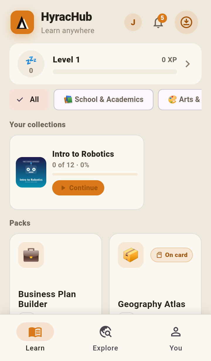 The HyracHub app: your library and collections, downloaded to learn offline on your phone