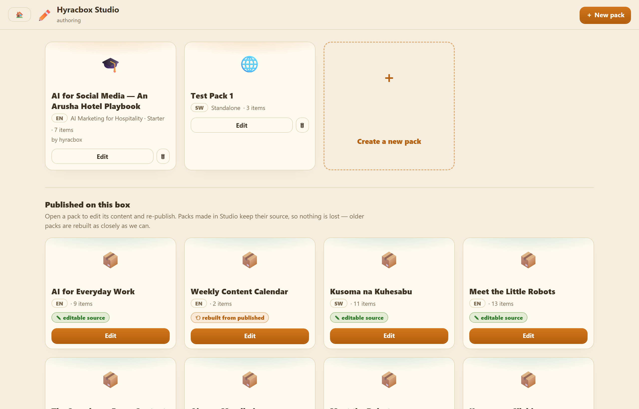 Hyracbox Studio — the authoring workspace: course packs with editable source, ready to edit and publish to web, app or a box